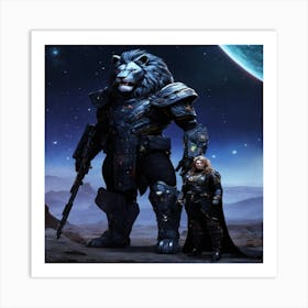 Lion And Woman In Space Art Print