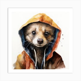 Watercolour Cartoon Ferret In A Hoodie 1 Art Print