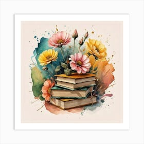 Best books and flowers on watercolor background 6 Art Print