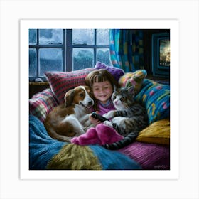 Little Girl And Her Pets Art Print