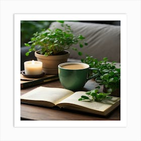 Book And Plants On A Table Art Print