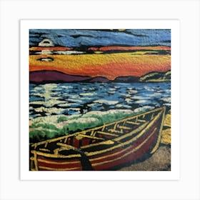 Oil painting of a boat in a body of water, woodcut, inspired by Gustav Baumann Art Print