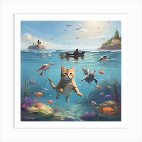 Cat swimming in the sea Art Print