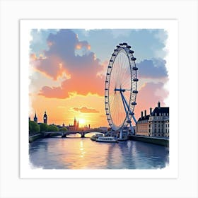 Watercolor View Of The London Eye Against A Sunset Sky, Highlighting The Giant Ferris Wheel And The River Thames Art Print