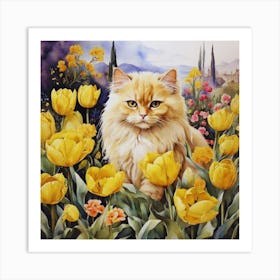 Persian Cat In Yellow Tulips 1 Art Print