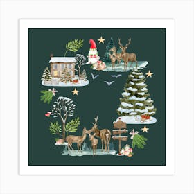 Wreath Christmas Winter Snow Deer Art Print