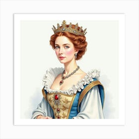 Regal Watercolor Depiction Of Queen Elizabeth I, Capturing Her Beauty 1 Art Print