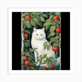 White Cat In Apple Orchard Art Print