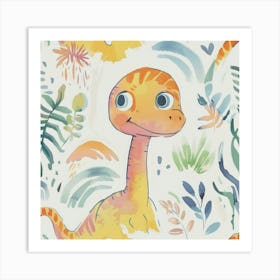 Cute Dinosaur Watercolour With Plant Patterns Art Print