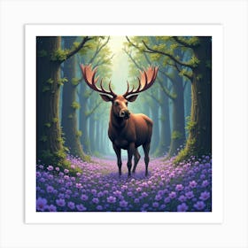 Moose In A Forest Of Violets 1 Art Print