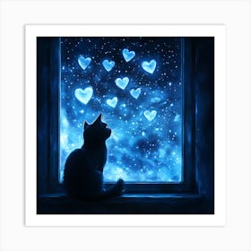 Dreamy Night Sky with Heart Stars Cat 12 Art Print