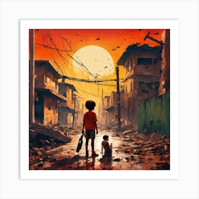 Masterpiece striking award winning fine art vector illustration, many children hurt vulnerable, in war dystopian destruction 16 k Art Print