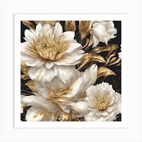 White Peony Flowers On Black Background Art Print