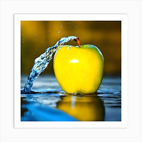 Yellow Apple With Calm Background And Image Of Water Hitting It (1) Art Print