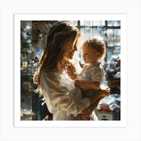 Woman Holding A Baby In A Kitchen Art Print