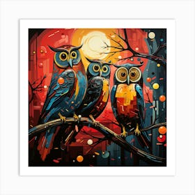 Three Owls At Night Art Print