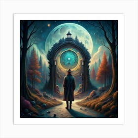 Man Standing Before A Large Circular Portal Art Print