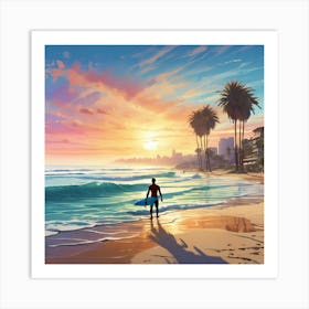 Surfer On The Beach Art Print