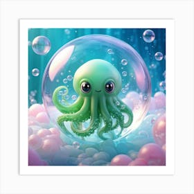 Photorealistic Cthulhu With Oversized Eyes Nestled Within Translucent Soap Bubbles Floating Gracefu Art Print