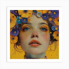 Girl With Flowers On Her Head Art Print