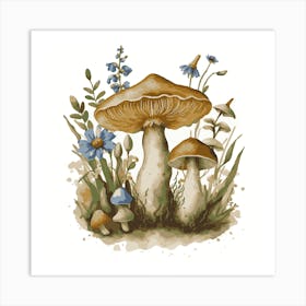 Mushrooms And Flowers, Delicate Watercolor Petals style. Art Print