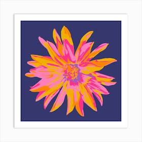 DAHLIA BURSTS Single Abstract Blooming Floral Summer Bright Flower in Fuchsia Pink Yellow Purple on Dark Blue Art Print