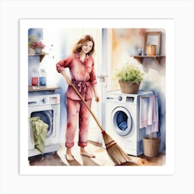 Woman In Pajamas Busy with Laundry Art Print