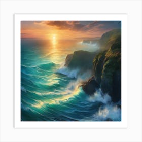 Sunset Over The Ocean - Blue and Teal, dramatic seascape Art Print