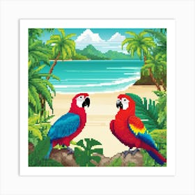 Parrots On The Beach, Tropical, pic cell art, good flowers, nice colors, flowers, trees, digital art of nature, wall art of birds, wall art of flowers, wall art of greenery Art Print