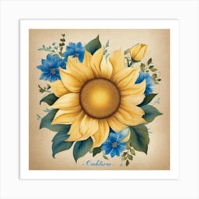 Sunflower with blue flowers  Art Print