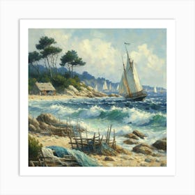 Sailboats On The Beach, Acrylic Painting Style 3 Art Print