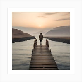 Man Standing On A Bridge At Sunset Art Print