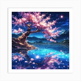 Knarled Cherry Blossom Tree on Turquoise Blue Lake Art Print