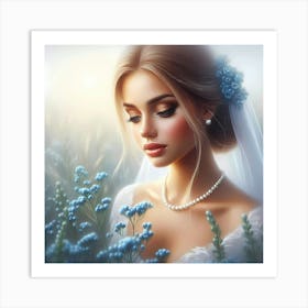 Beautiful Bride In Blue Flowers Art Print