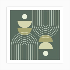 Mid Century Modern Geometric, Sun, Moon Phases, Rainbow Abstract in Forest Sage Green Art Print