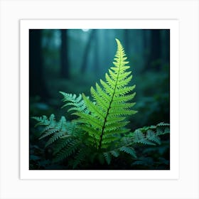 A Radiant Fern With Fronds Of Shimmering, Neon Light In A Fantastical Woodland Art Print