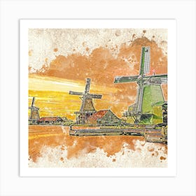 Watercolor Of Windmills Art Print