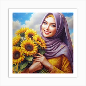 Sunflower Smile: A Realistic and Colorful Painting of a Woman with a Purple Hijab and a Yellow Dress Art Print