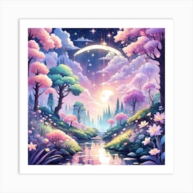 A Fantasy Forest With Twinkling Stars In Pastel Tone Square Composition 333 Art Print