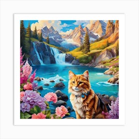 Cat By The Waterfall 1 Art Print