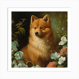 Pomeranian Dog In Flowers Art Print