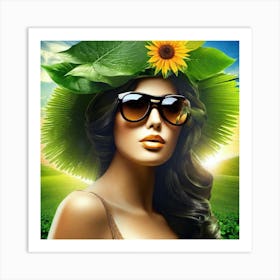 Sunflowers On A Woman'S Head Art Print