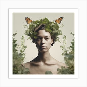 Woman With Butterflies On Her Head Art Print