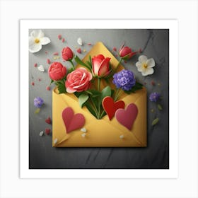 An open red and yellow letter envelope with flowers inside and little hearts outside 9 Art Print