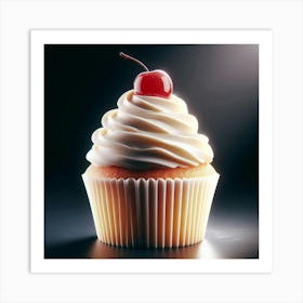 Scrumptious solitariness of a cupcake with a cherry on top, sitting on a table, with a spotlight shining down on it, making it glisten and look delectable Art Print