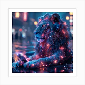 Lion With Headphones Art Print