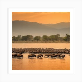 Wildebeest Sunset Art Print