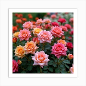 A Vibrant Rose Garden In Full Bloom, Showcasing Various Colors Of Roses Art Print