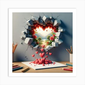 Wall Breakthrough With Hearts Art Print