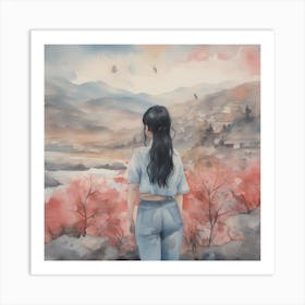 Girl Looking At The Mountains Art Print